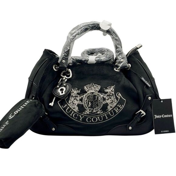 Juicy Couture Black Velour Faux Leather Nuova Twig Dog Double Handle X-Body Bag - Picture 2 of 10